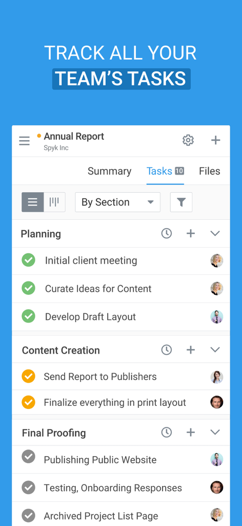Avaza mobile app showing a project task list with categories like planning and content creation