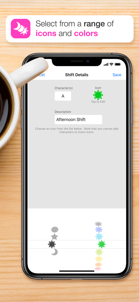 Interfaccia mobile dell'app Shift Worker che dimostra come personalizzare i dettagli dei turni utilizzando varie icone e colori