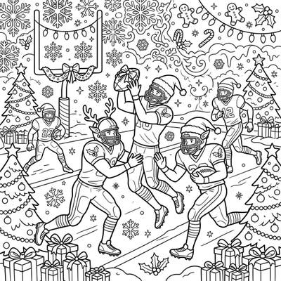 Experience the thrill of the game blended with holiday magic on this exciting Christmas football coloring page. Watch players in festive attire battle it out on a field adorned with snowy trees and gifts, ready for your artistic touch.