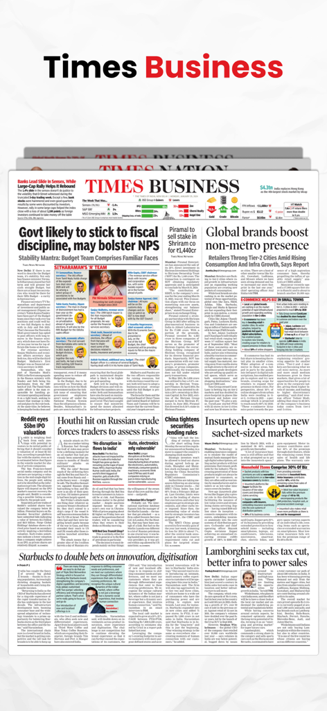 Digital newspaper page of the Times Business section in the TOI ePaper app showing Indian financial news.