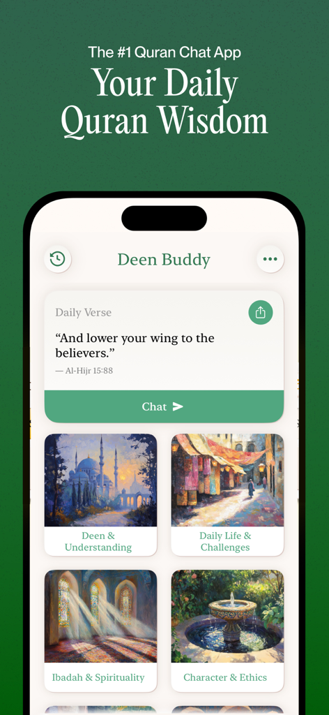 Deen Buddy - Quran Chat - Deen Buddy app interface displaying a daily Quran verse and categories for AI-powered chat on spirituality and ethics.