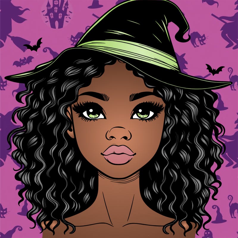 realistic black girl with wavy hair and witch hat and nose and lips