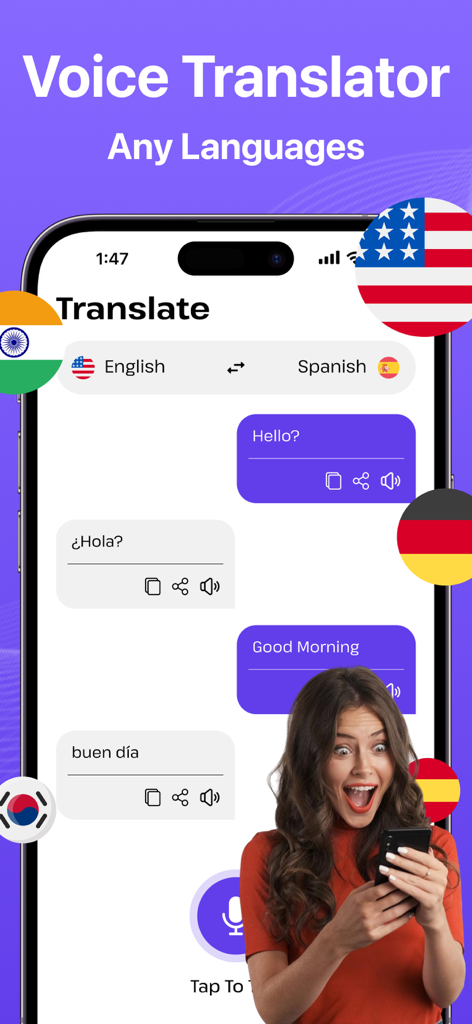 AI Voice Commands Assistant - Interface of the AI Voice Commands Assistant app showing a voice translator feature translating English to Spanish with country flags icons.