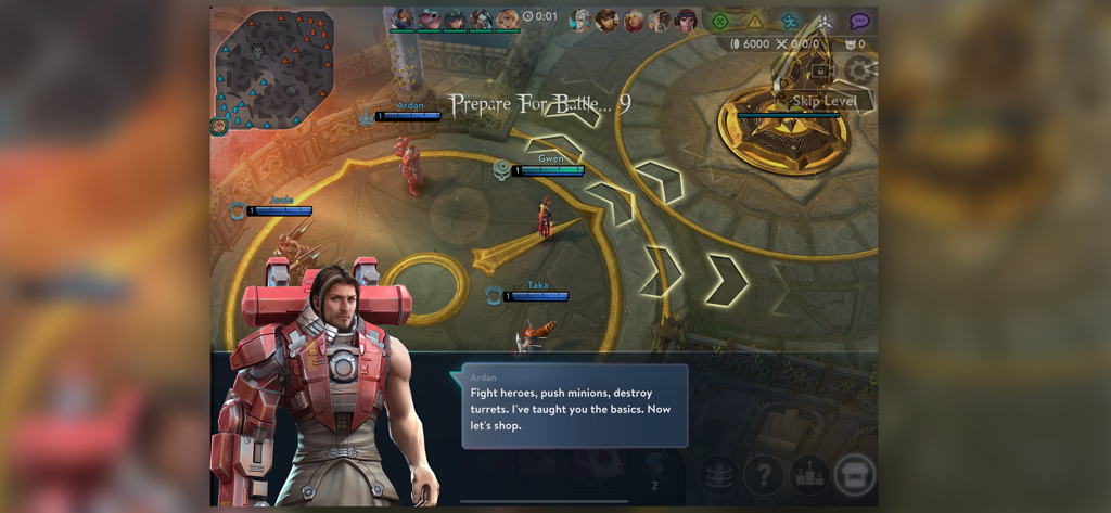 Vainglory - Vainglory-Spiel-Tutorial-Bildschirm, der den Charakter Ardan zeigt, der Spielanweisungen in einer MOBA-Arena gibt.