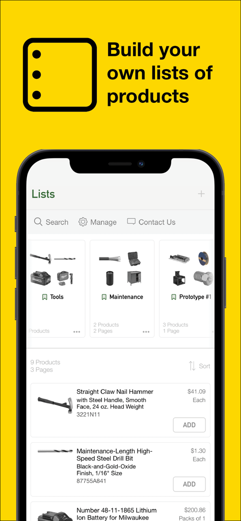 McMaster-Carr - Screenshot dell'app McMaster-Carr che mostra la funzione per creare e gestire elenchi di prodotti personalizzati per forniture industriali