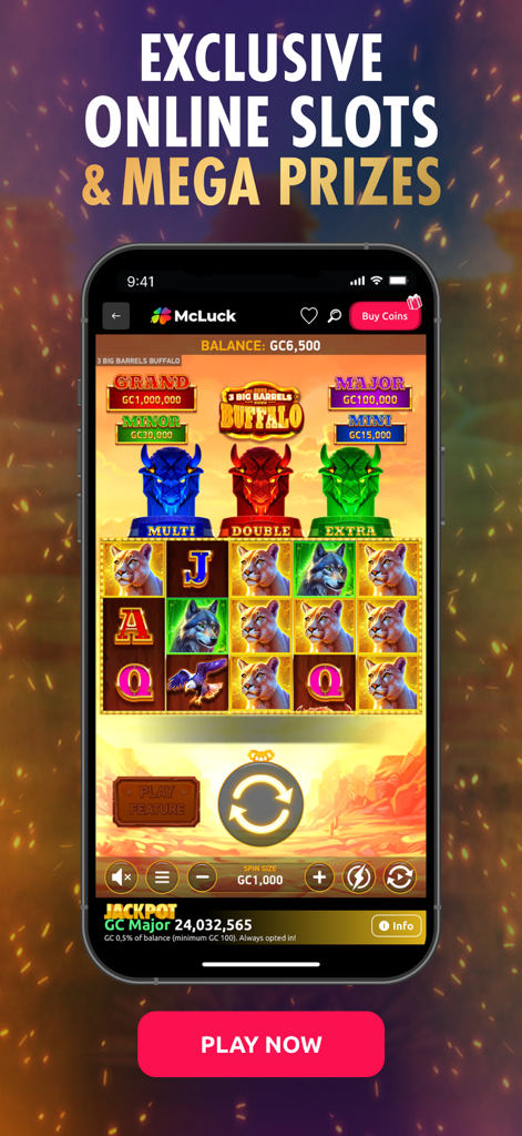 McLuck Casino app featuring 3 Big Barrels Buffalo online slot game and mega jackpot prizes