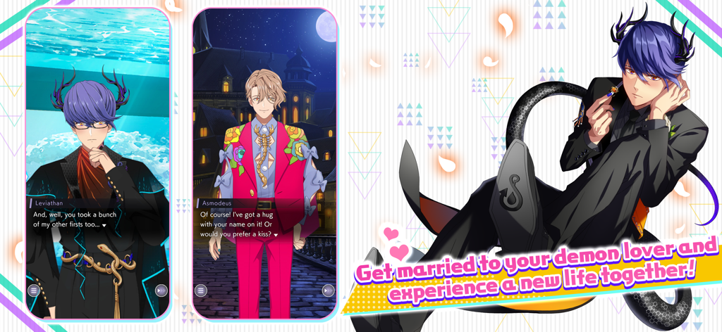 Anime demon characters Leviathan and Asmodeus with romantic dialogue in the Obey Me Till Death Do Us Part mobile game