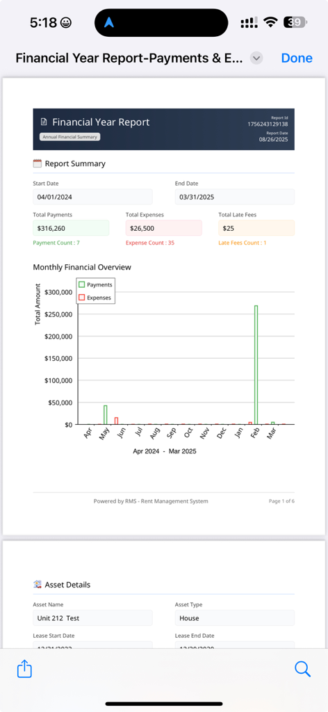 Relatório financeiro anual no aplicativo Sistema de Gestão de Aluguel mostrando um resumo de pagamentos de aluguel e despesas.