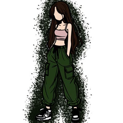 girl in baggy pants crop top and long hair