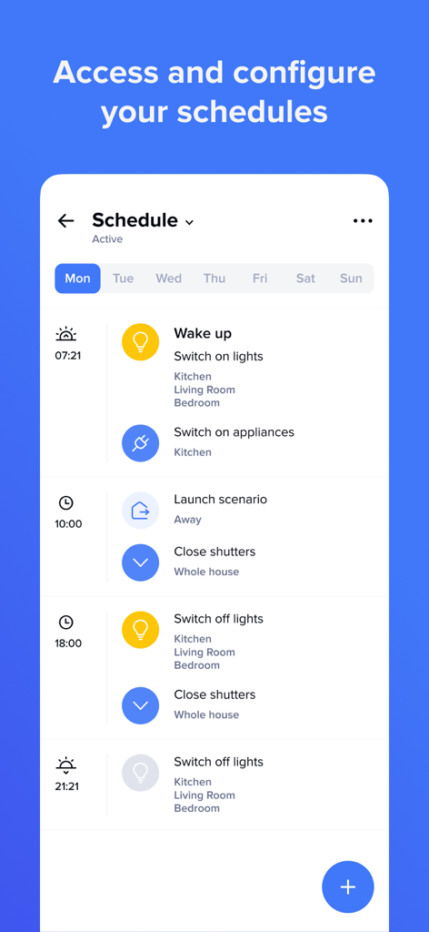 Daily schedule settings for smart lighting and appliances in the Home plus Control app