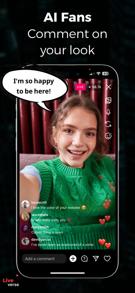 Liverse - AI Fake Live Stream - A screenshot of the Liverse app showing a simulated live stream with AI fans commenting on a woman's green sweater and sending hearts.