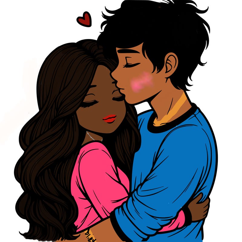 a realistic couple boy and girl hugging and kissing