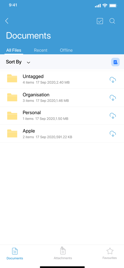 ManageEngine MDM - ManageEngine MDM app documents screen showing folders for organization personal and apple files