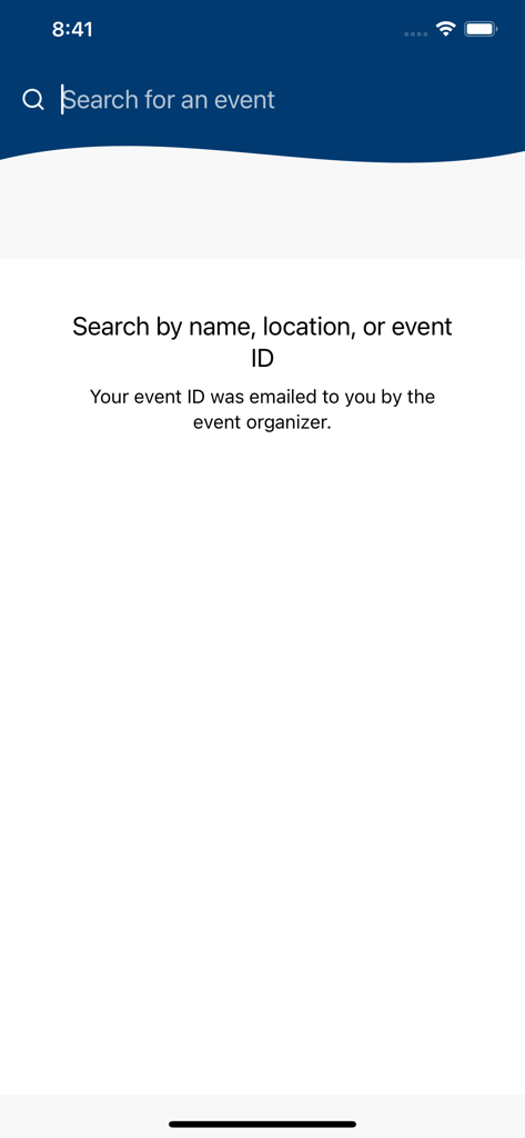 Search screen for finding industry events by name location or ID in the FEICA Events app