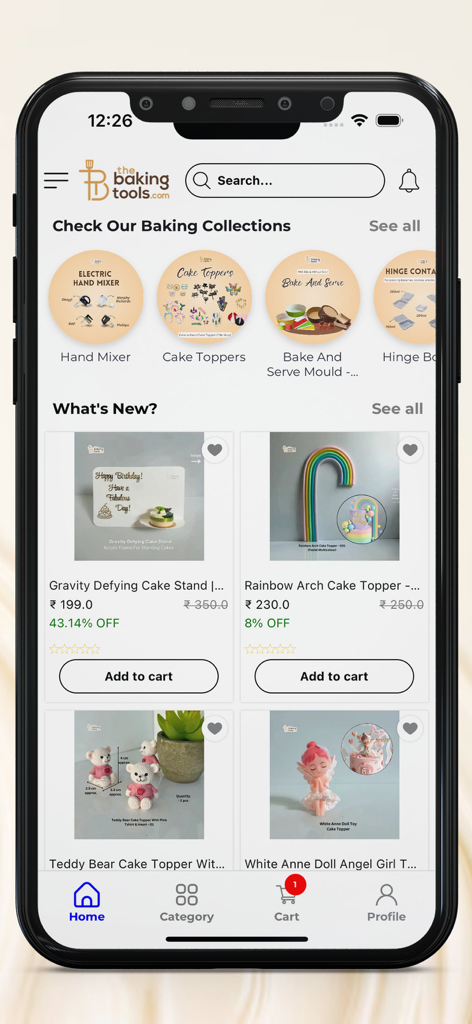 The Baking Tools - Home screen of The Baking Tools app showcasing cake toppers and baking collections
