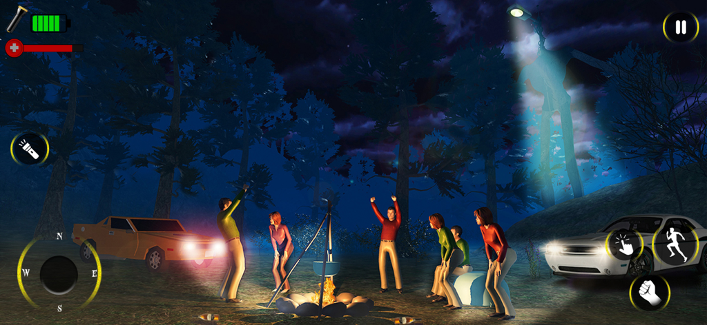 Survival horror gameplay showing a group of people at a campfire at night with the giant Light Head monster looming in the background
