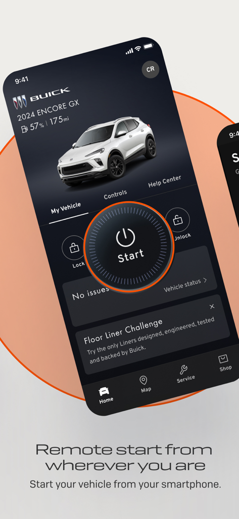 myBuick - myBuick app interface displaying the remote start button and vehicle status for a Buick Encore GX