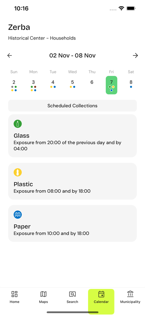 ガラス、プラスチック、紙の週次ゴミ収集スケジュールを示すJunkerアプリ画面