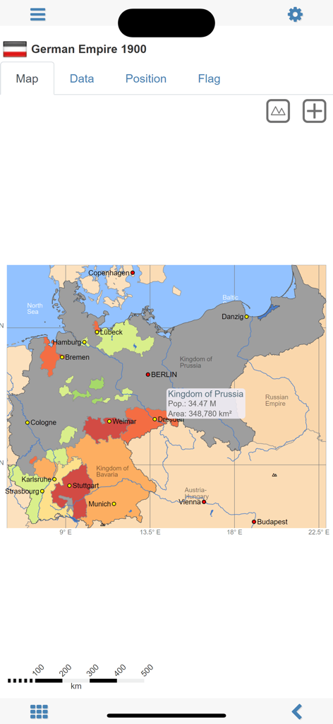 World atlas & map MxGeo Pro - Historical map of the German Empire in 1900 from the MxGeo Pro app showing regional borders and population data