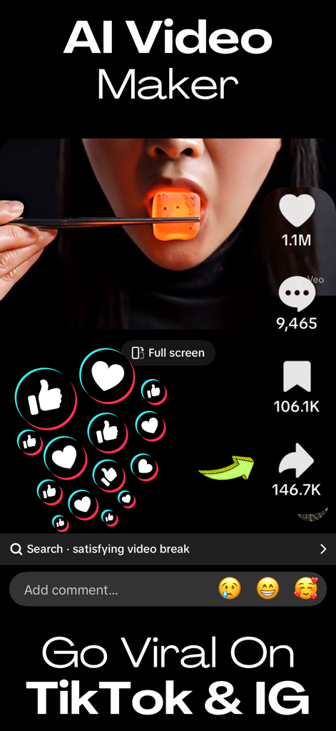 Interfaz del generador de vídeo de IA que muestra un clip viral con millones de me gusta y compartidos para TikTok e Instagram.