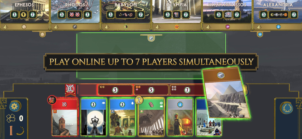 7 Wonders - Captura de pantalla del juego 7 Wonders mostrando el modo multijugador en línea con hasta siete jugadores simultáneamente.