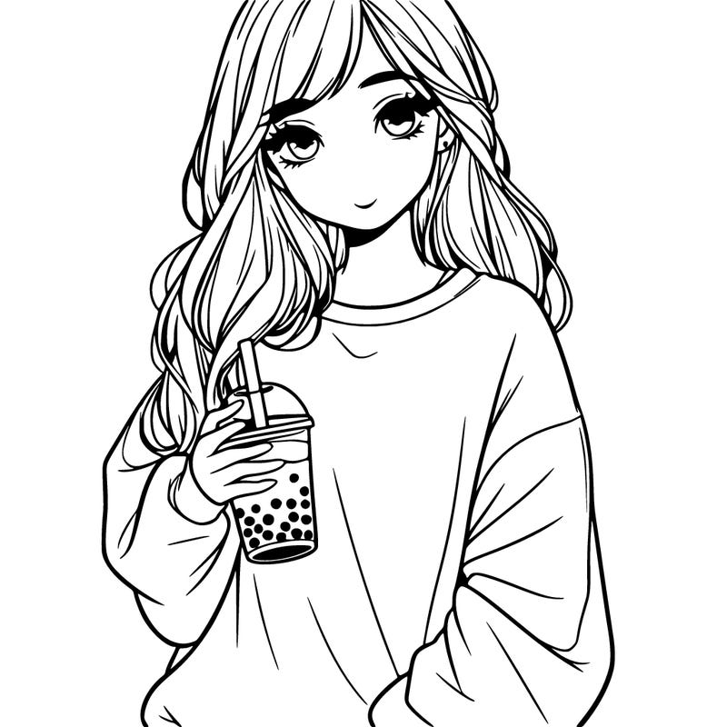 really pretty and realistic girl with boba and oversized sweatshirt