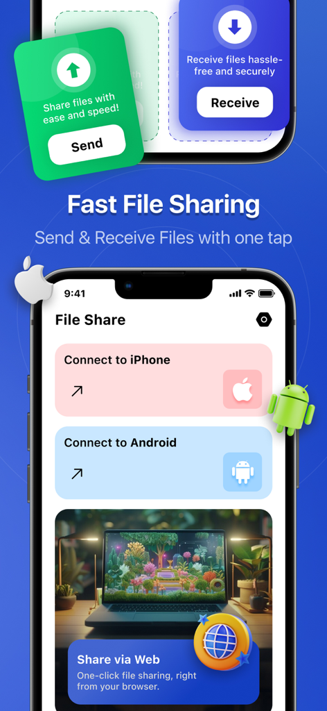 Quick Share - Fast File Share - Interfaz de la app Quick Share mostrando opciones de transferencia de archivos multiplataforma entre iPhone, Android y web.