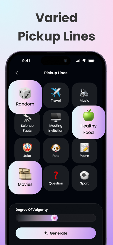 Rizzai - Dating Assistant App - Pantalla de la aplicación Rizzai que muestra varias categorías de frases para ligar y un control deslizante de grado de vulgaridad.