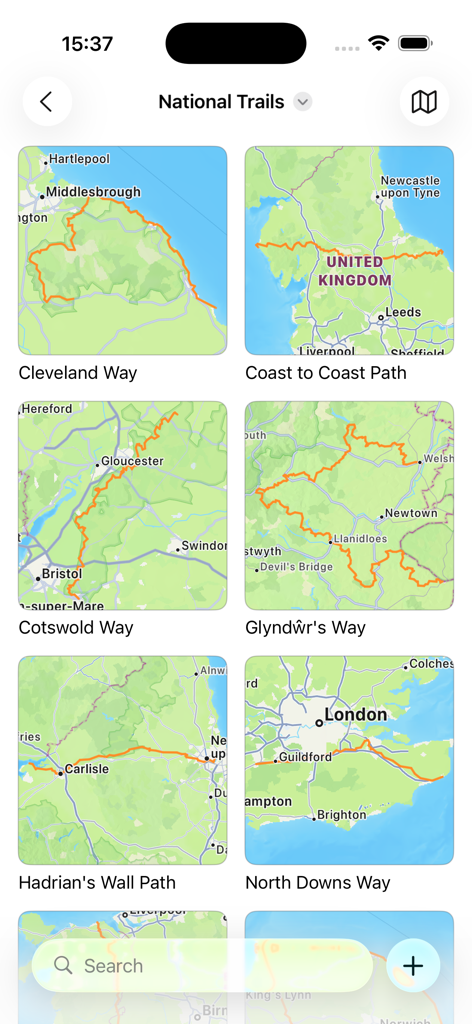 Geodata Map Viewer - Pantalla de la aplicación Geodata Map Viewer que muestra senderos nacionales organizados en carpetas con vistas previas de las rutas del mapa