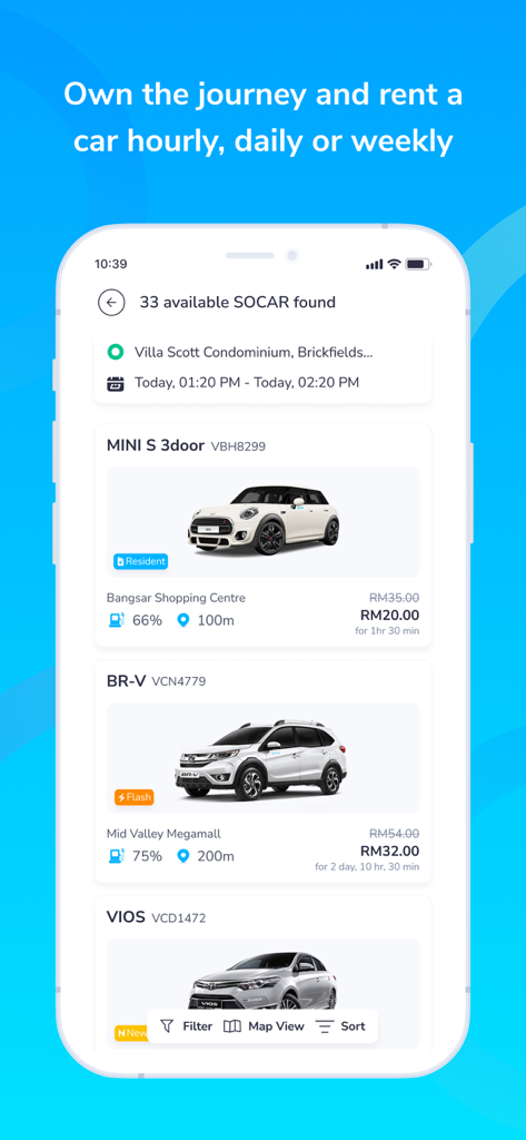 Selection of car models available for hourly rental on the SOCAR Malaysia mobile app.