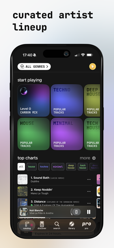 Mobile app interface for Carbon Electronic Music displaying curated artist tracks and genre categories