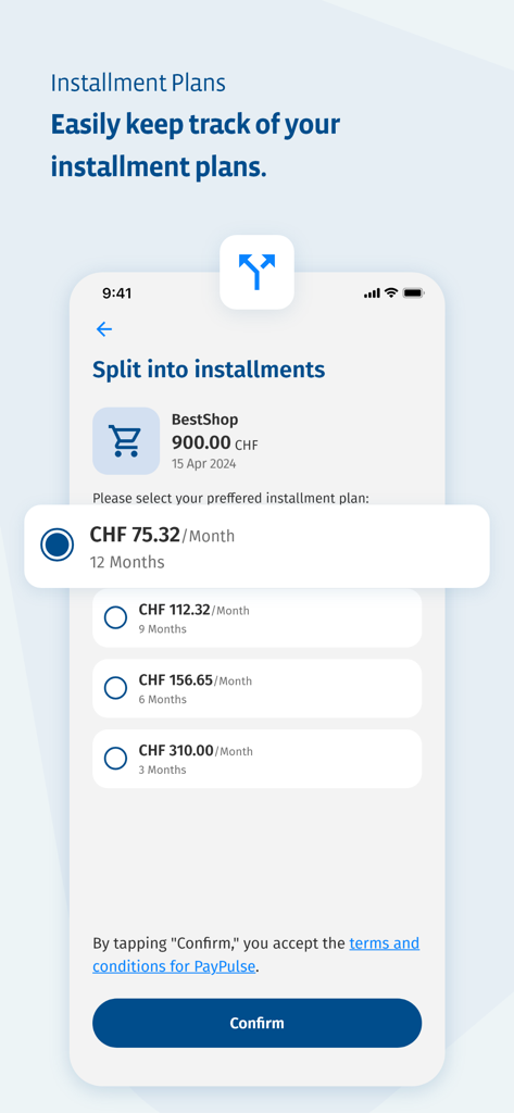 Interfaz de la App Cembra mostrando opciones de planes de cuotas mensuales para una compra con tarjeta de crédito