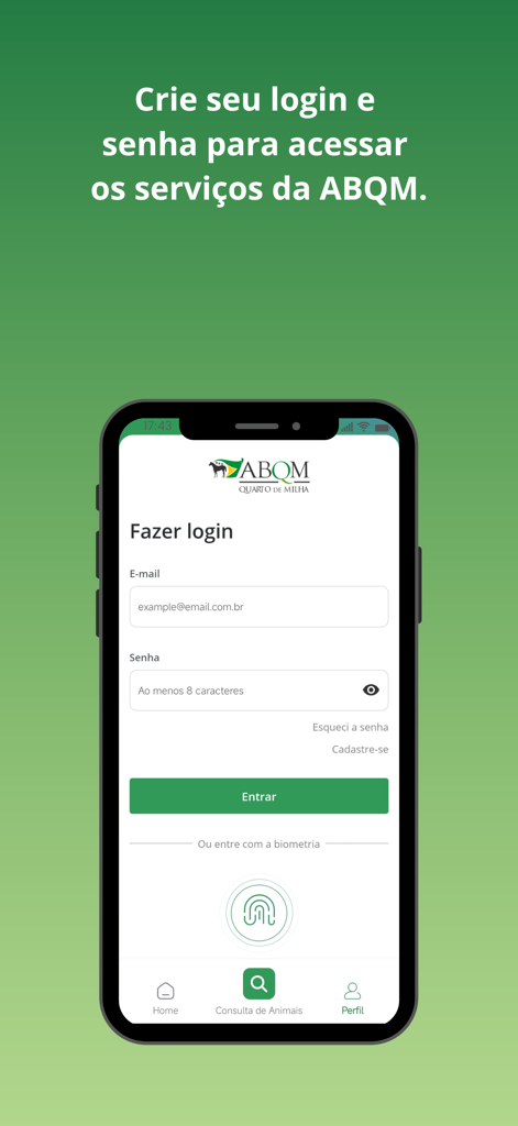 ABQM Oficial - ABQM Oficial app login screen for Quarter Horse breeders and owners