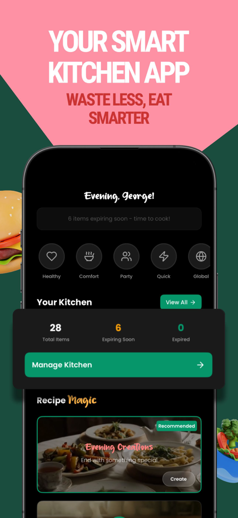 Crumb: Kitchen Recipes & Meals - Dashboard of the Crumb app showing kitchen inventory statistics and personalized recipe recommendations