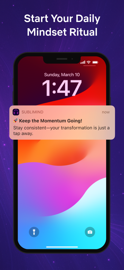 Sublimind: Custom Subliminals - Tela de bloqueio do iPhone mostrando uma notificação de ritual de mentalidade diária do aplicativo Sublimind