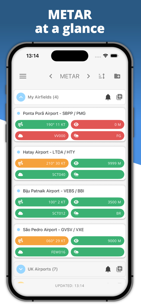 Airfield Watch - METAR & TAF - Airfield Watch 앱 화면은 색상으로 구분된 안전 상태와 함께 여러 국제 공항에 대한 디코딩된 METAR 날씨 데이터를 보여줍니다