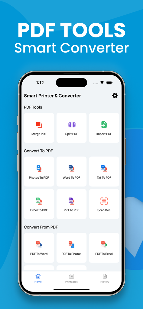 Interfaz de aplicación móvil que muestra herramientas de conversión de PDF, incluyendo las funciones de Word a PDF y Escanear Documento