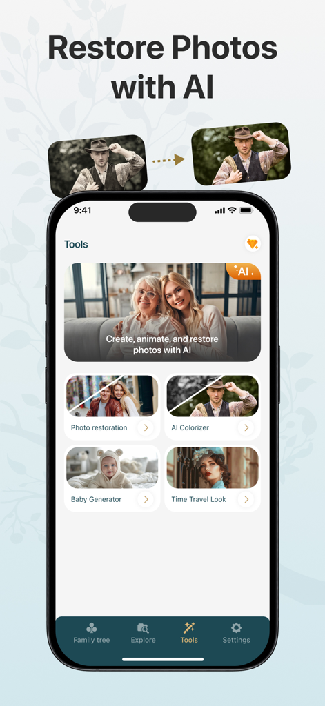 Family Tree Maker app interface showing AI photo restoration and colorizer tools