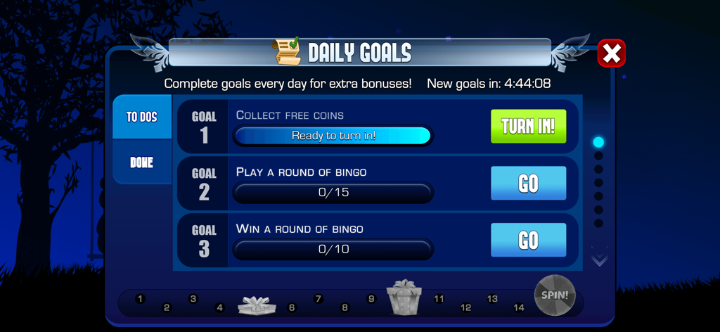 Absolute Bingo! Play Fun Games - Daily goals screen in Absolute Bingo showing tasks to earn extra bonuses and free coins