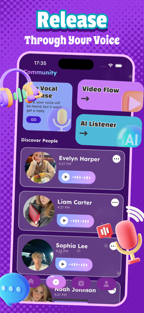 MetaChat - Adult，Voice Social - Screenshot of MetaChat community interface featuring voice messages and AI listener