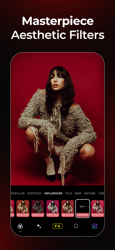 Visual LabX: AI Photo Editor - Visual LabXアプリのインターフェース。インフルエンサー美的フィルターが適用されたポートレートが表示されています。