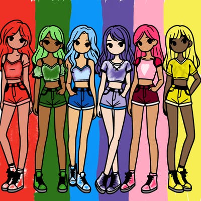 a group of girls wearing crop tops and shorts