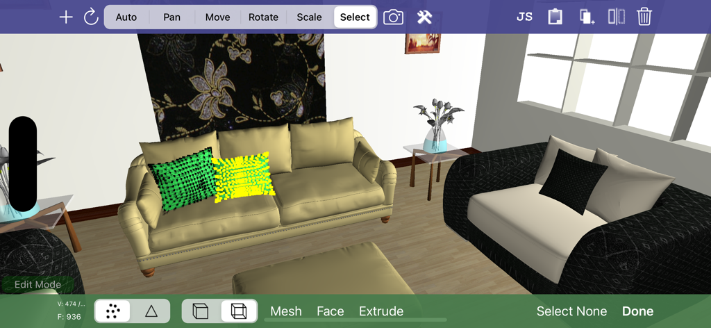 Verto Studio 3D - Verto Studio 3D interface showing 3D interior design and mesh editing tools