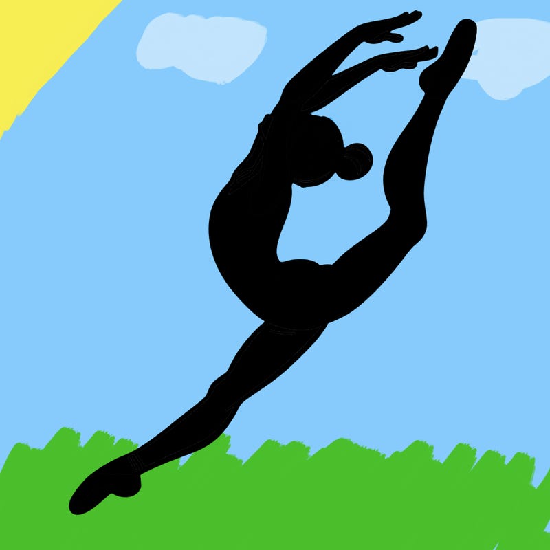 gymnast doing a leap in a leotard with a bent back leg