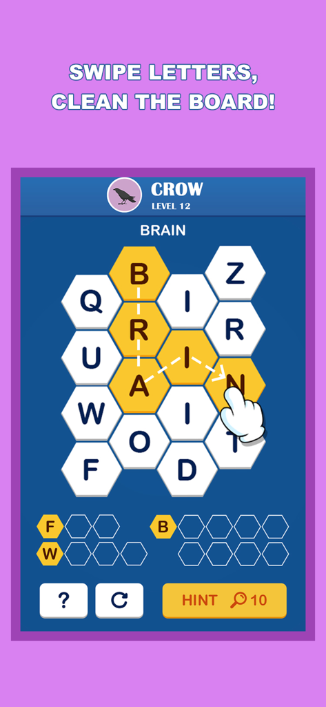 Wordful Hexa gameplay screen showing a word puzzle with hexagonal letter blocks