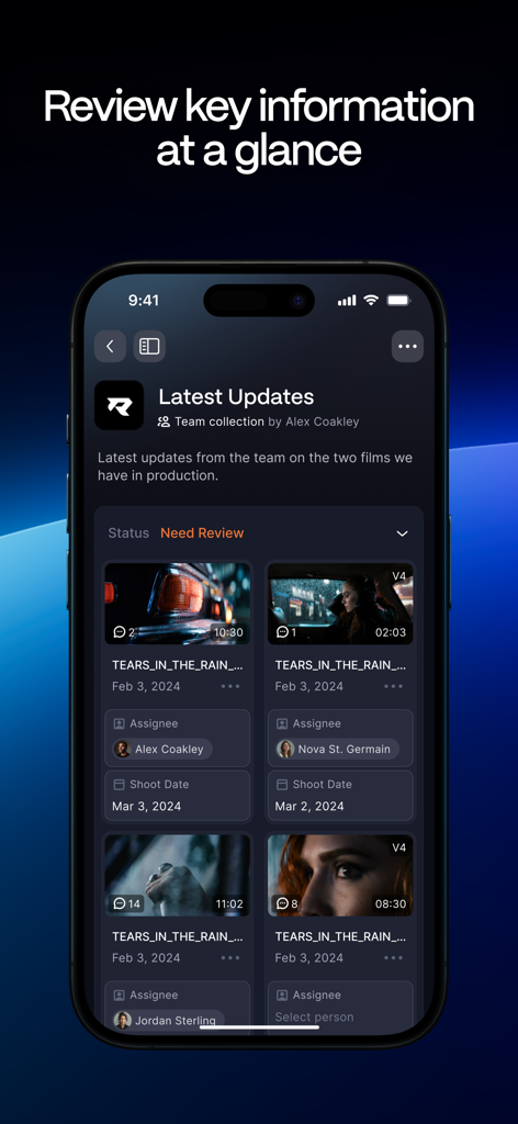 Frame.io mobile app interface showing video project updates and asset status for review