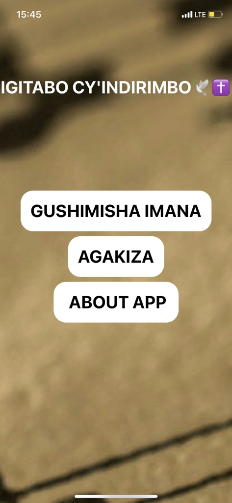 Main menu screen of the Igitabo Cy Indirimbo Kinyarwanda hymn book app showing category buttons.