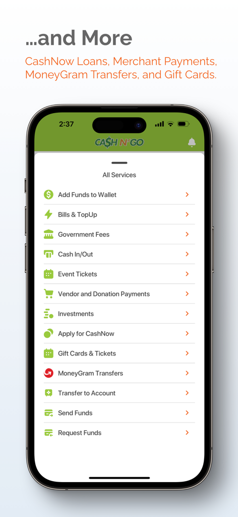 Pantalla móvil de la aplicación Cash N GO que muestra una lista de servicios que incluyen transferencias de dinero y pagos de facturas