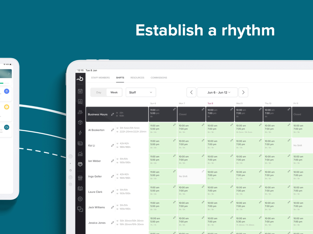 Booksy Biz Pro: Tablet App - Booksy Biz Pro tablet interface showing weekly staff shifts and schedule management dashboard