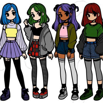 one girl with crop-top shirt and a jacket with a skirt, long socks and another girl with a shirt and pants with a jacket